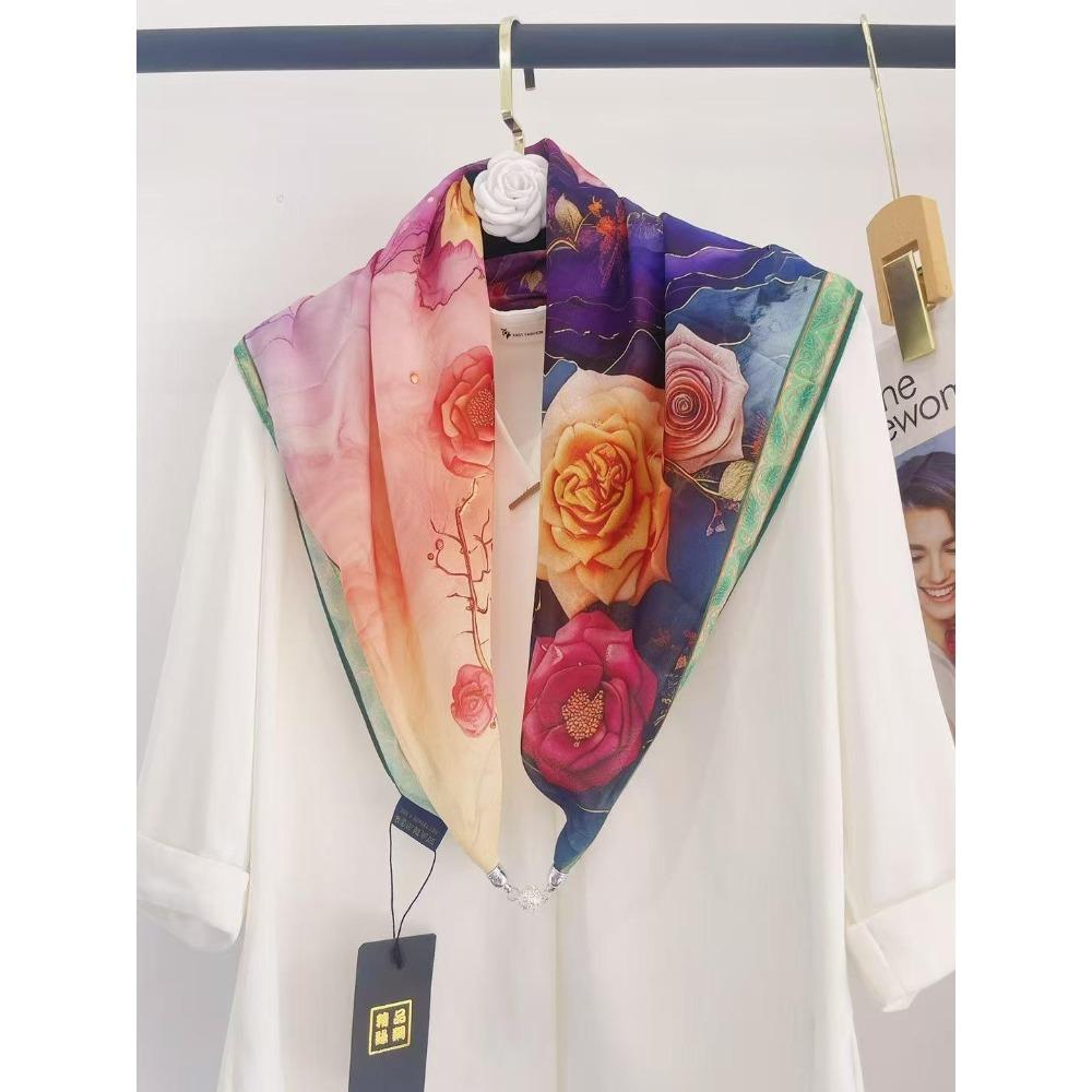 Magnet Simulation Silk 70Cm Small Square Scarf Women'S Spring Korean Version Oil Painting Silk Scarf Versatile Scarf Elegant Decoration