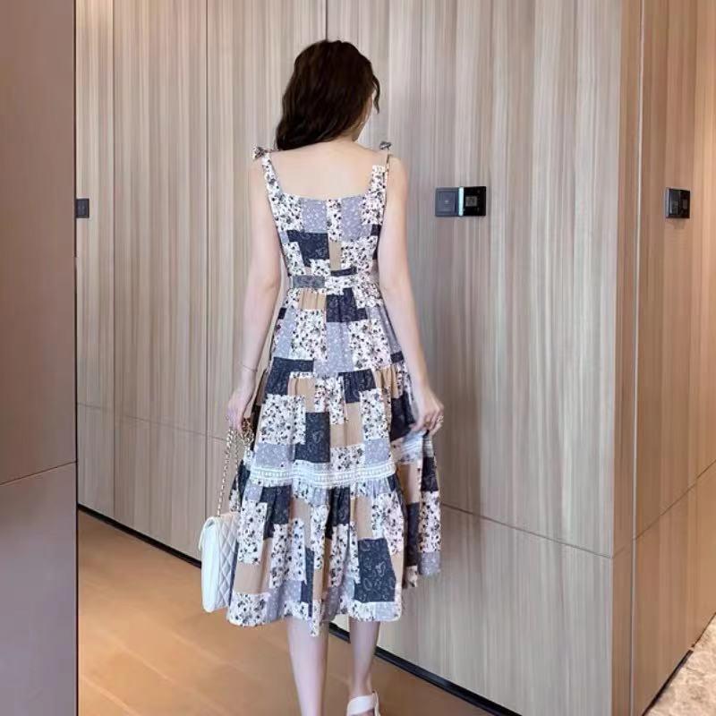 Floral vest skirt new summer sexy waist thin suspender skirt splicing square medium and long dress women