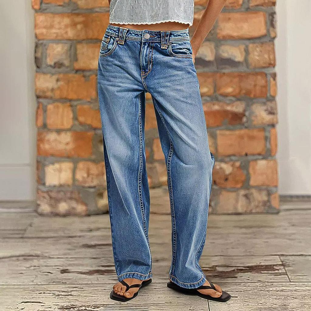 Women's Wide Leg Jeans Casual Highwaist Straight Denim Pants With Pockets