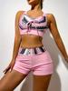 Stripe Cross Strap High Waist Drawstring Boyshorts Two Piece Bikini Set Trendy For Vacation