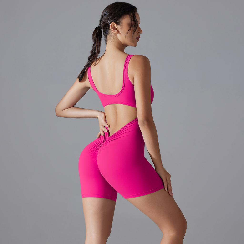 New Double-sided Nylon Nude High Elasticity Peach Hip Solid Color Peach Hip V-waist Tight Shorts Jumpsuit Yoga Suit
