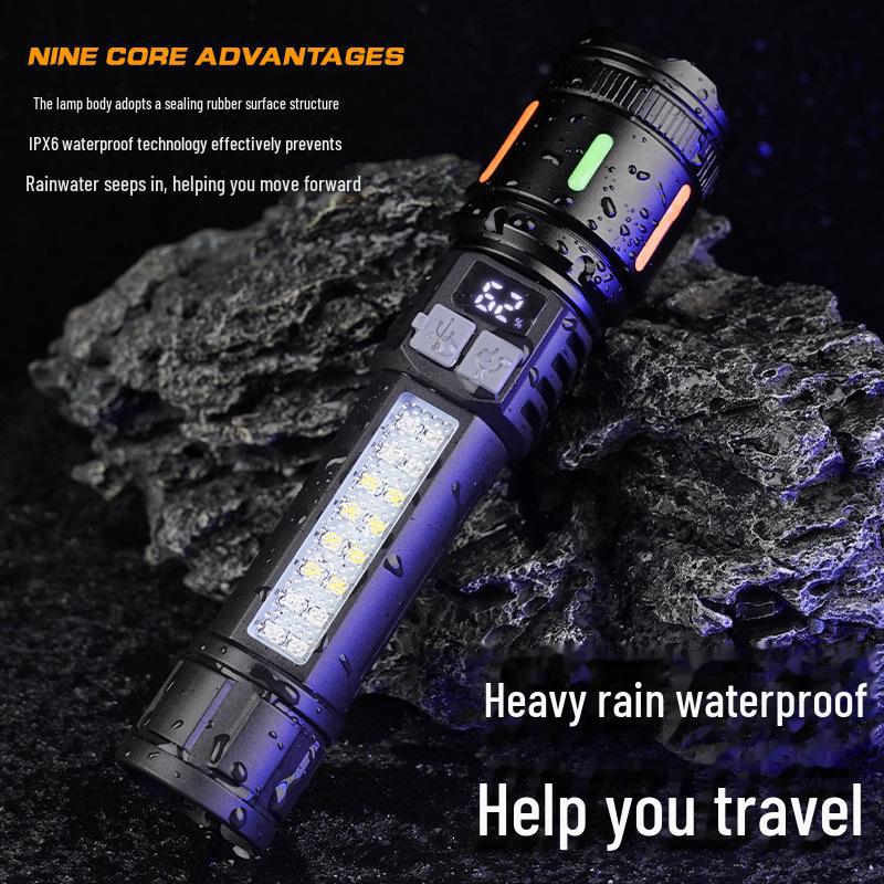 Type-C Rechargeable Flashlight with Side Light & COB Warning for Outdoor Use