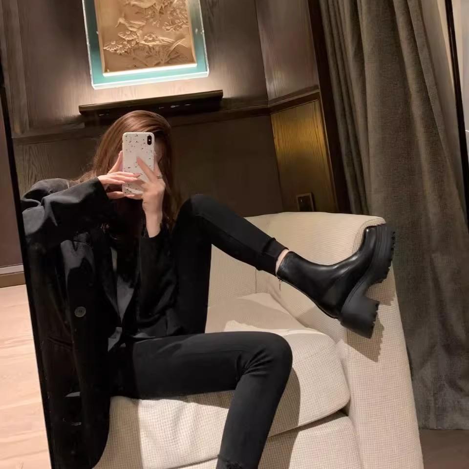 Leg fine boots~ thick heel thick sole rear zipper bag leg elastic short boots women's 2025 autumn and winter new Martin thin boots
