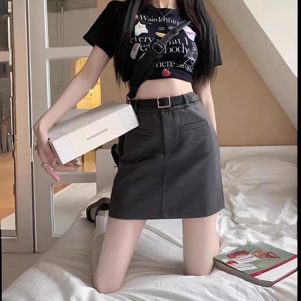 Gray High-Waist A-Line Mini Skirt - Women's Versatile Spring/Summer Anti-Exposure Skirt