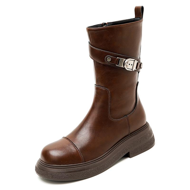 

Summer Maillard~ Platform Leather Brown Boots 2025 New Martin Boots Women s Retro Skinny Medium Boots Short Boots 35