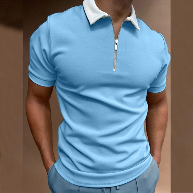 Men Slim Fit Short Sleeve Zip Collar Casual Polo Shirt