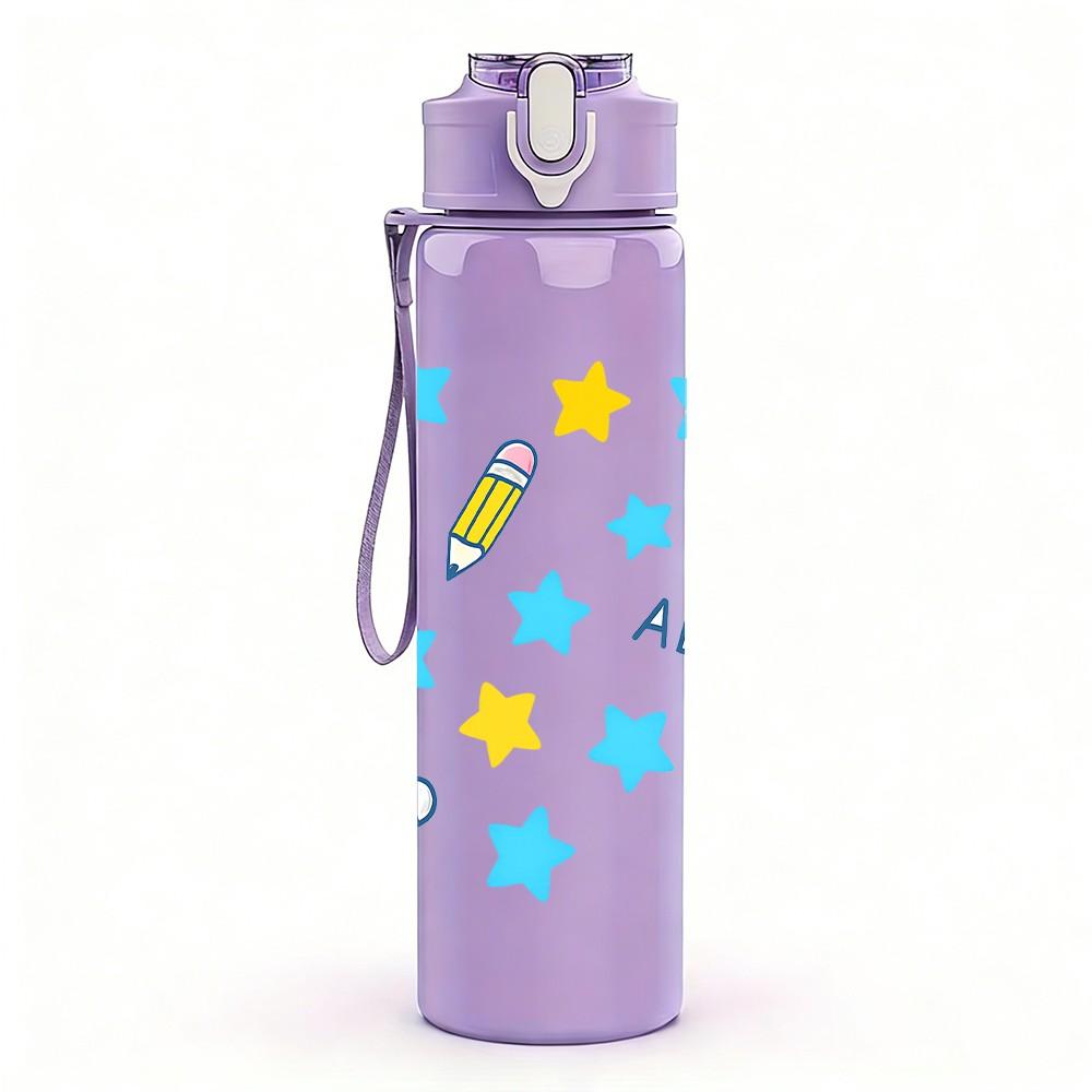 1PC ABC Star Pencil Seamless Pattern 750ml Color Plastic Sports Water Bottle Leakproof Flip Straw Lid Suitable for Sports Office Home Use