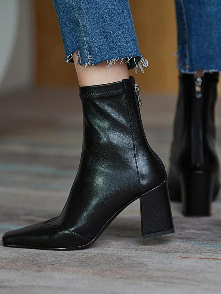 Women Vintage Ankle Boots Thick Heels Short Boot New Fashion Pointed Toe Zipper Winter Women's Shoes Leather Brown Short Booties