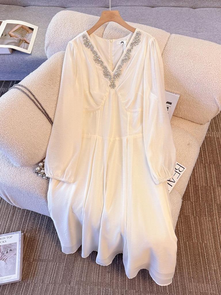 High-End Plus Size Women's V-Neck Rhinestone Dress (130-300 lb) - Elegant French Style