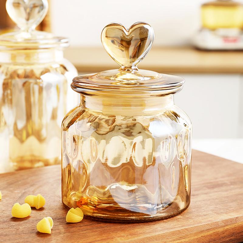 Amber Glass Sealed Jar Storage Bottle with Lid Large Capacity Transparent Heart-shaped Coffee Bean Storage Jar Kitchen Container