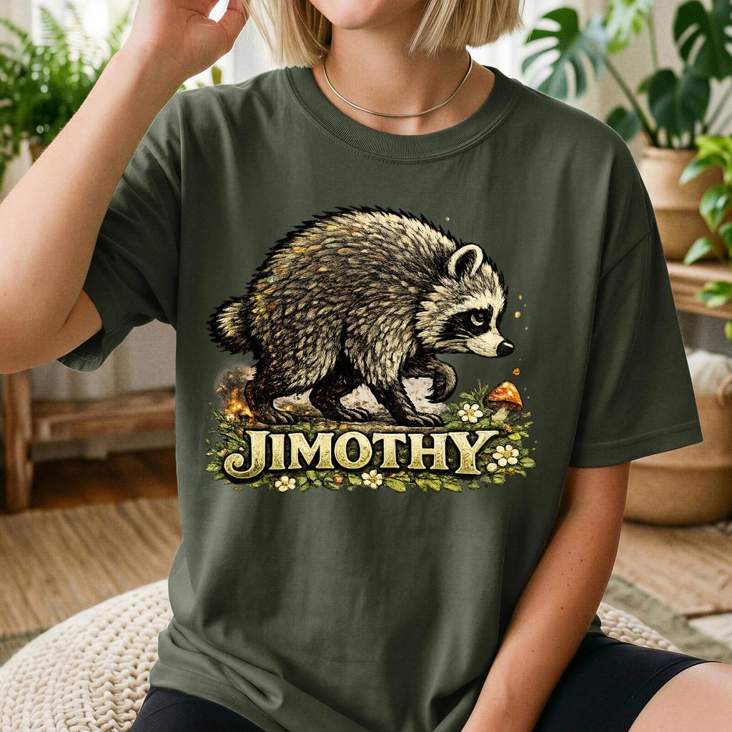 Raccoon with Mushrooms Jimothy Tee, Famous Seattle Raccoon Tee, Real Raccoon Graphic Cropped Tee, Funny Animal Gift, Cute Baby Raccoon