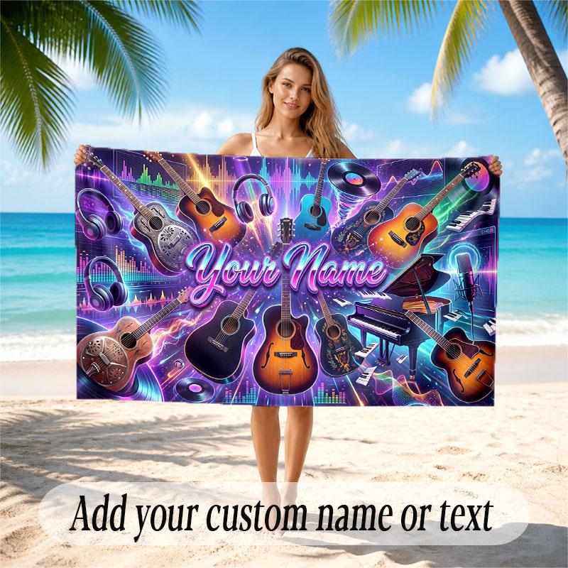 Music Guitar Theme Beach Towel Personalized Custom Name & Text Soft Quick Dry Beach Towel for Swimming Travel
