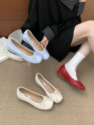 Inner Height Increase 4cm Bow Ballet Shoes Women's Single Shoes 2025 Summer New Light Mouth Pleated Soft Sole Silver Ladyshoes
