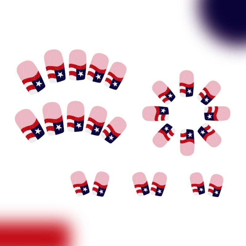 24 Pcs Independence Day False Nail Short Press On Nail French Tip Acrylic Nail 4th of July Full Cover Stick on Nail