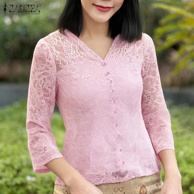 Women Casual V-Neck 3/4 Sleeve Lace Patchwork Blouse