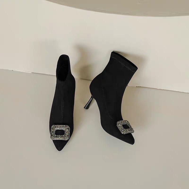 Pointed short boots women's elastic high heel temperament light luxury thin boots season thin heel black