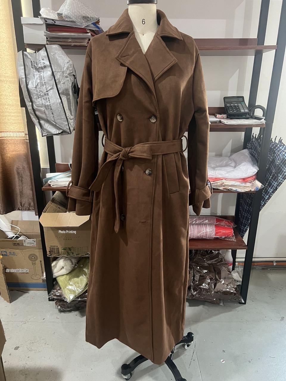

2025 Women s Grey Woolen Lace-up Mid-length Coat for Autumn/Winter Small