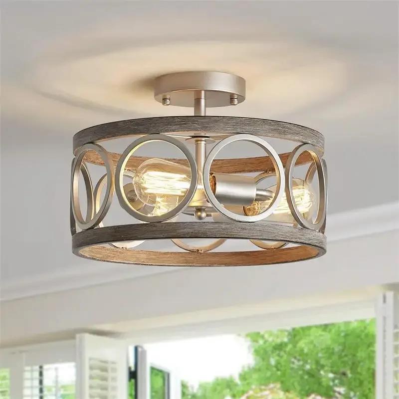 Industrial Retro Circular Pendant Chandelier Lighting Farmhouse Iron Art Wood Grain For Restaurant Home Bedroom Ceiling Light