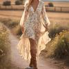Boho Maxi Dress Spring Summer Women V Neck Asymmetric Dresses Printed Evening Gown Outfits Clothing