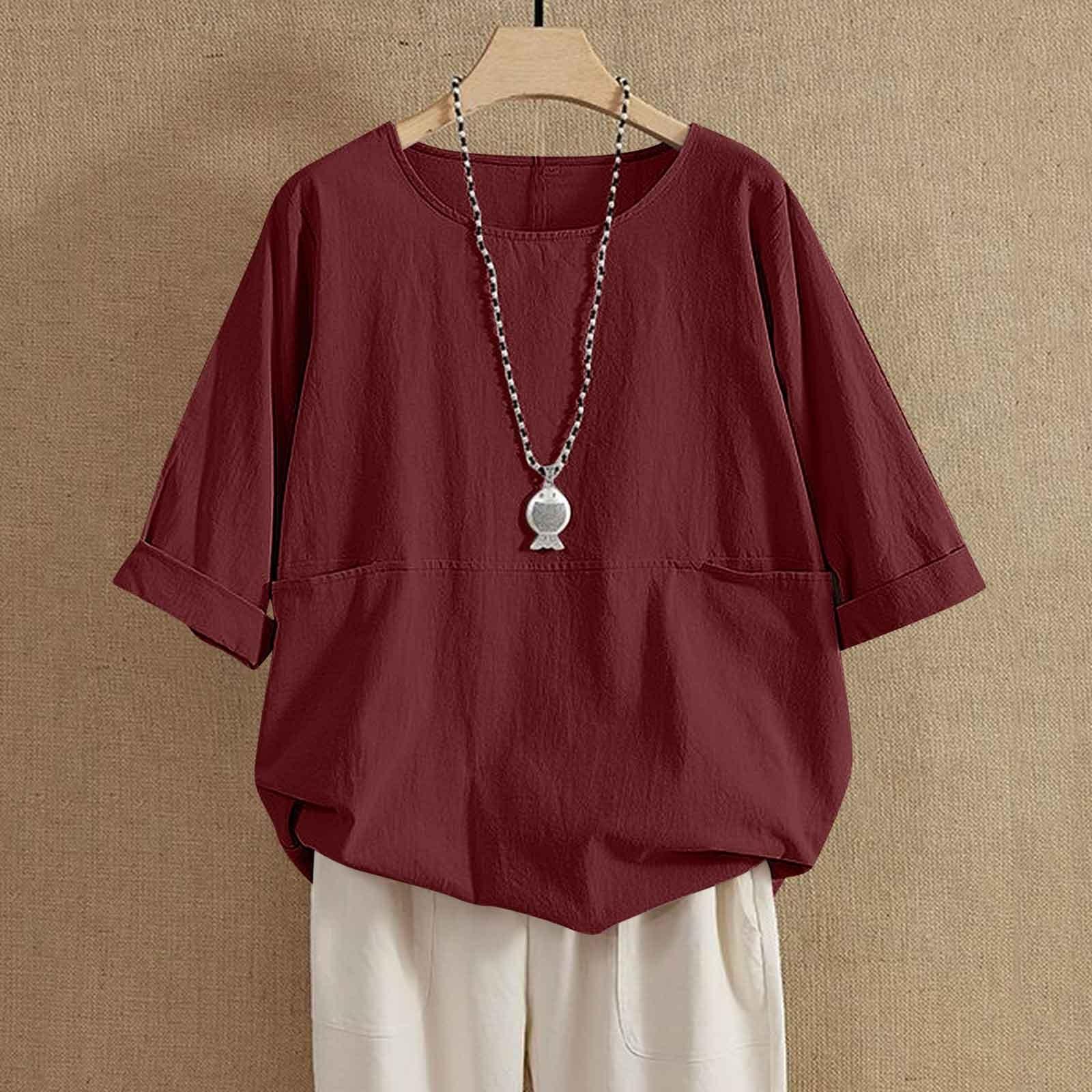 

Жіноча бавовняно-лляна однотонна сорочка з рукавом 1/2, з круглим вирізом на ґудзиках, вільна сорочка S винний