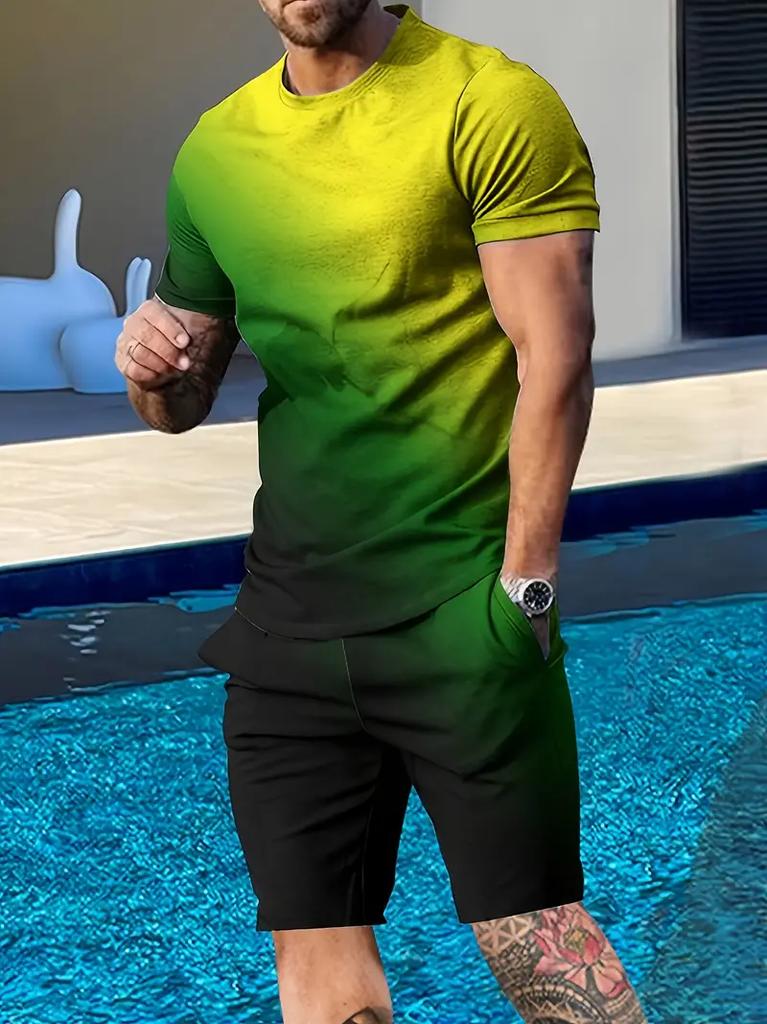 Herenpak Casual Simpel Patroon Print T-shirt Hawaïaans Casual Vakantie T-shirt Tweedelig Sneldrogend Korte Mouw Heren Set