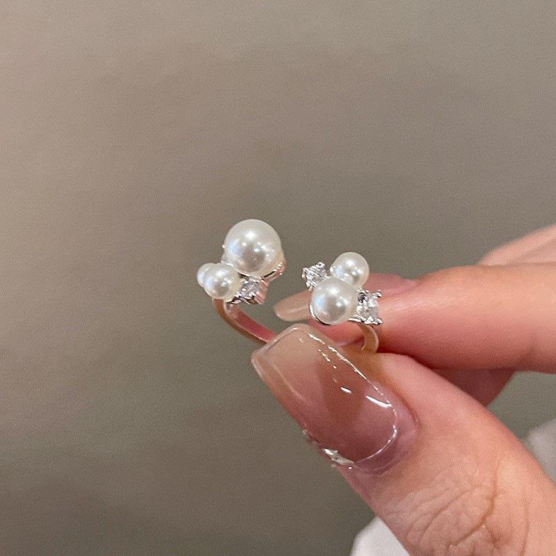 Trendy French Pearl Zirconia Open Adjustable Ring for Women Adjustable Open