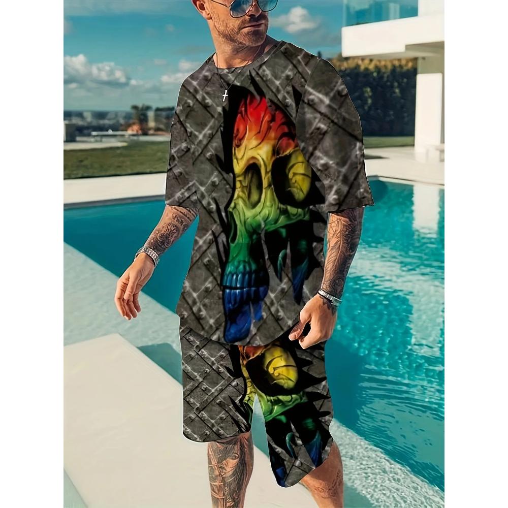 Goth Horror Skull 3D Print Punk T-Shirt Shorts 2 Piece Hip Hop Men Women's Fashion Streetwear Casual T-Shirt O-Neck Hot-selling