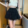 WTEMPO Kawaii Mini Skirts Women Lolita Lace Ruffles Patchwork Black Skirt Preppy Style Solid Korean High Waist Skirts