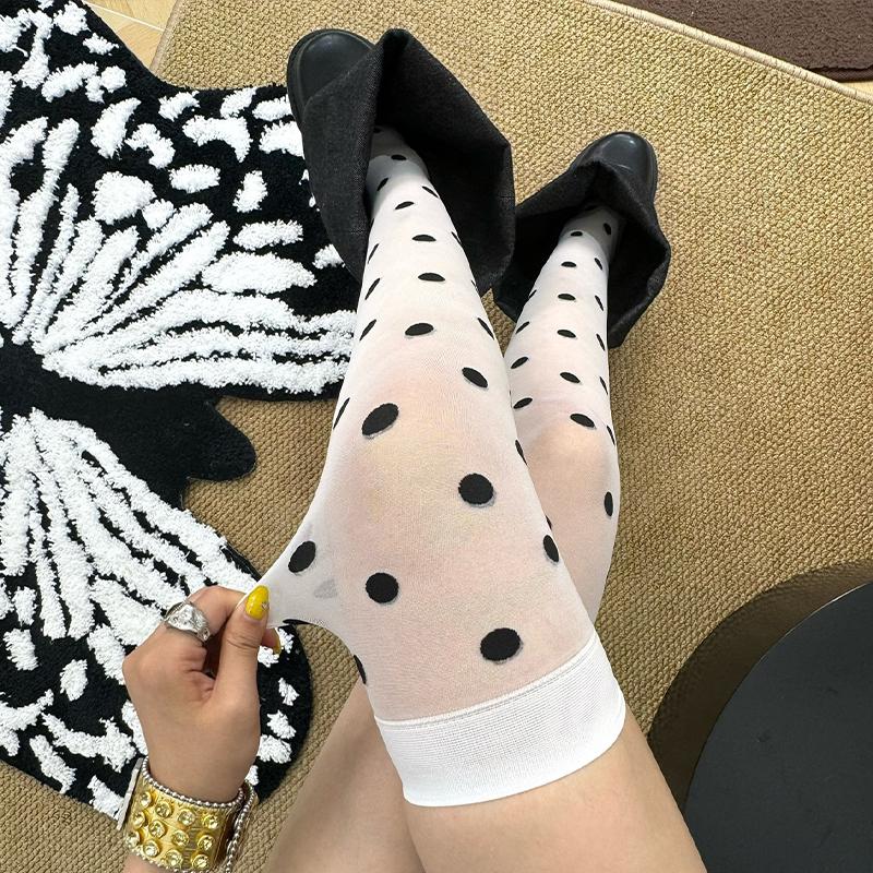 Botvotee Polka Dot Thin and Sexy Knee-high Socks Women Velvet Tights Lolita Thin Thigh High Stockings K White Long Socks