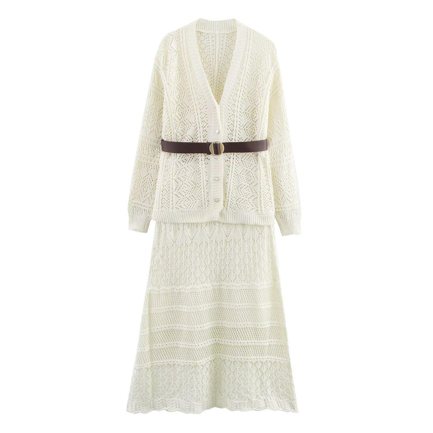 

2025 Весенний Женский Европейский и Американский Модный Вязаный Топ и Юбка с Поясом M грязно-белый