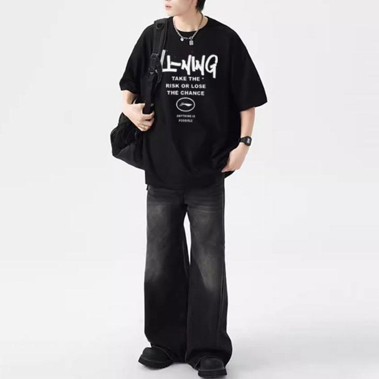 Li-Ning Sports Fashion Series Printed Letter Round Neck Comfortable Breathable Loose Short Sleeve T-Shirt Men Tops Black YHSU297-1
