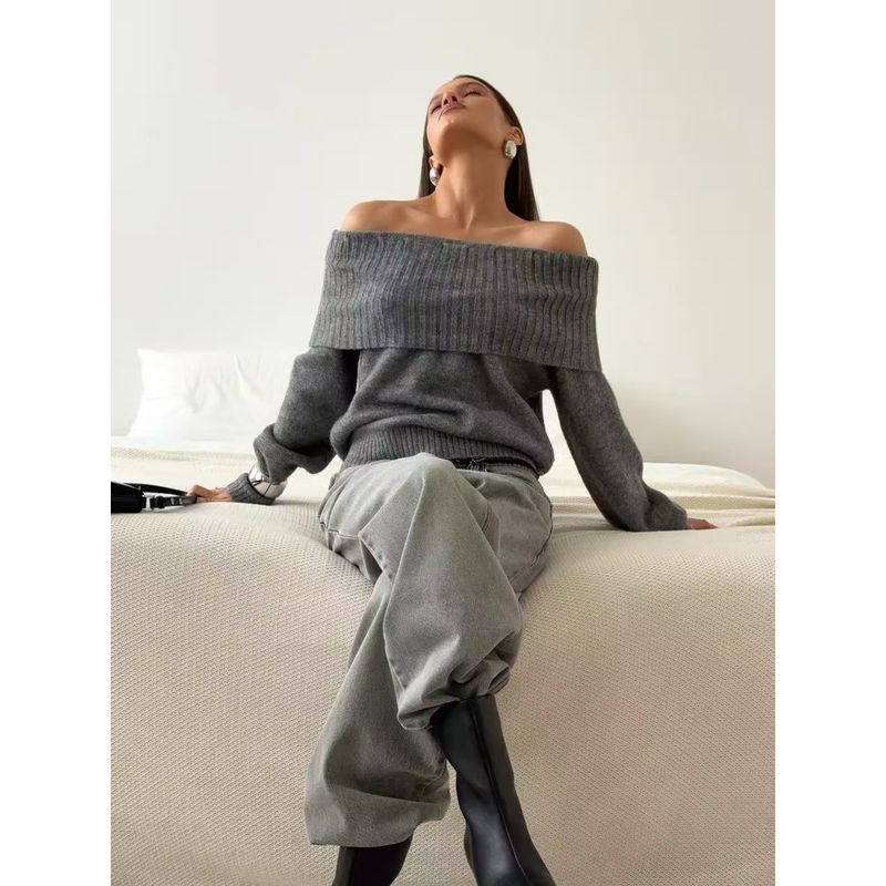 European and American Autumn and Winter New Sexy off-Shoulder Shoulder-Baring Knitting Sweater Sexy off Shoulder Sweater