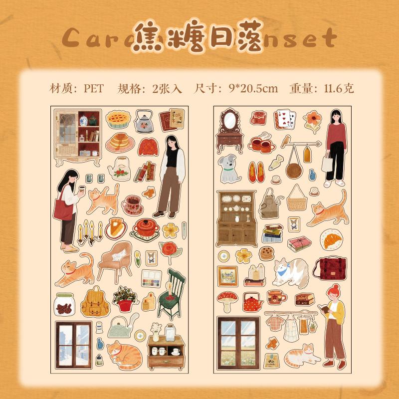 2Pcs cute and creative character life patterns PET stickers DIY diary phone case scrapbook aesthetic stationery stickers