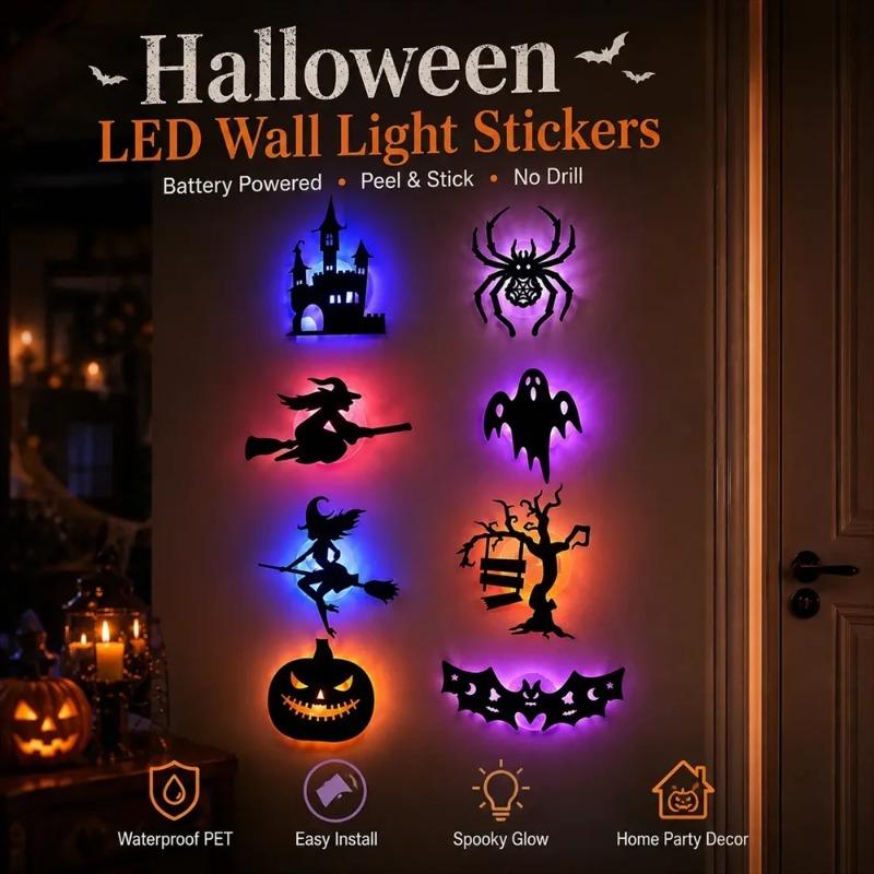 8 BUC/24 BUC Autocolant de Perete LED Halloween 3D Gol Lumină de Noapte Liliac Dovleac, Păianjen Vrăjitoare Castel Fantomă Petrecere Decorare Perete Ornament