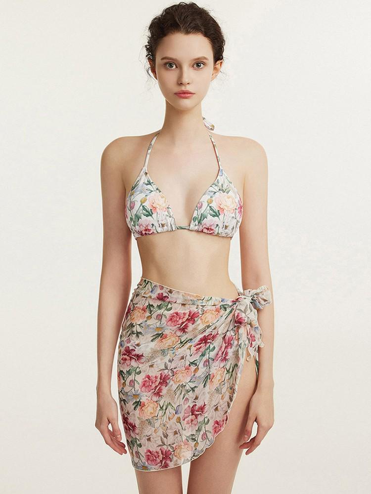 European & American Rope Bikini: Printed Strappy Backless Three-Piece Swimsuit
