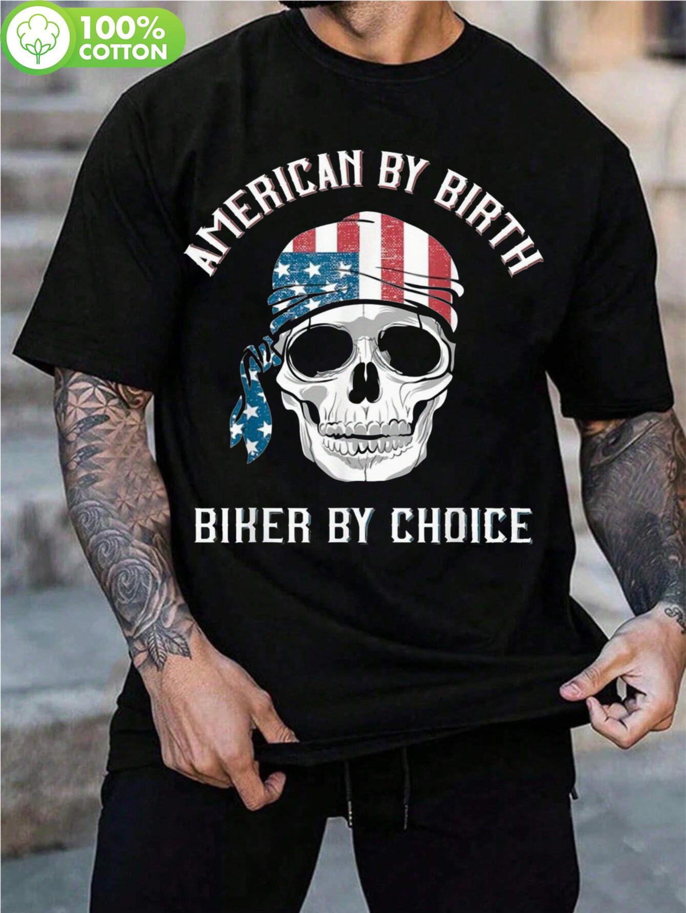 Patriotic American By Birth Biker By Choice Graphic T-shirt - 100% Cotton 180gsm Vintage Skull & Stars Stripes Design S