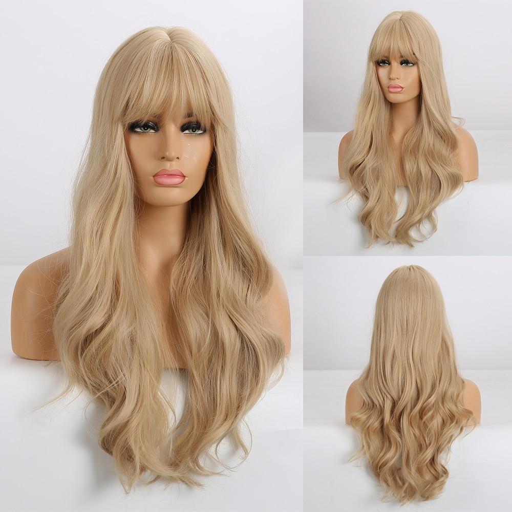 Long Natural Wavy Platinum Blonde Wigs with Bangs Cosplay Party Lolita Synthetic Wigs for Women Heat Resistant Fiber