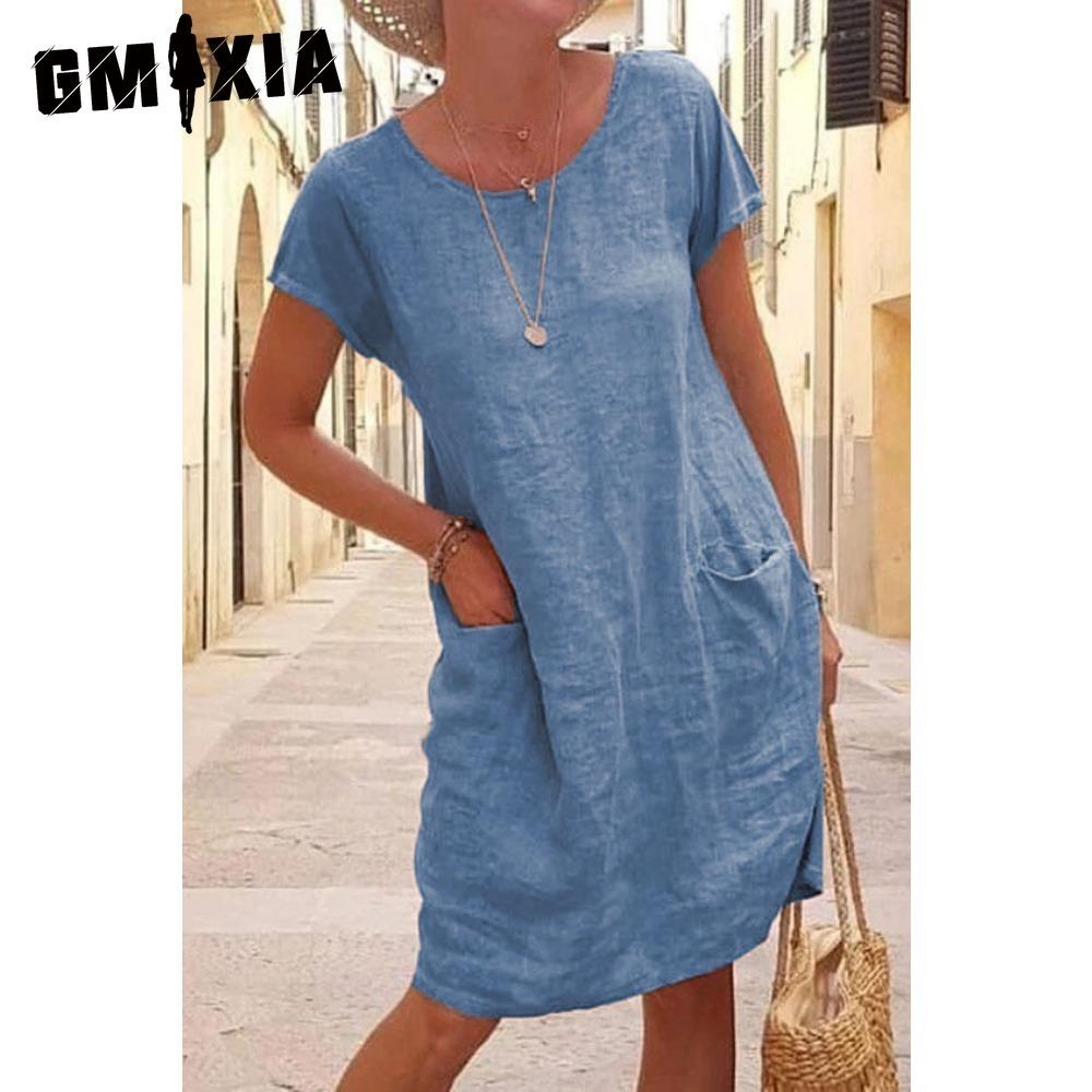 

GMXIA Women Solid Color Summer Midi Dress Ladies Casual Loose Dress with Pockets Plus Size XXL синий