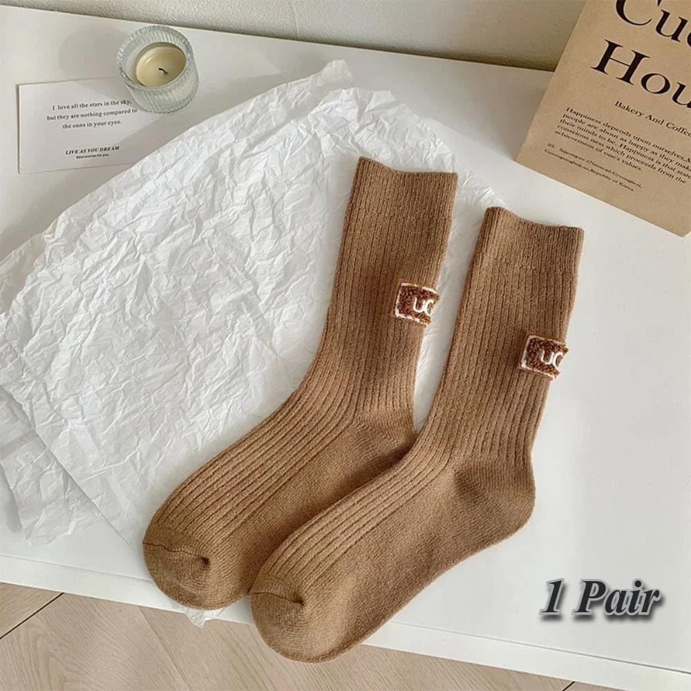 1Pair Winter Solid  Velvet Thickened Pile Socks Multicolored Embroidered Logo Warm Mid-Calf Length Socks Casual Cotton Socks