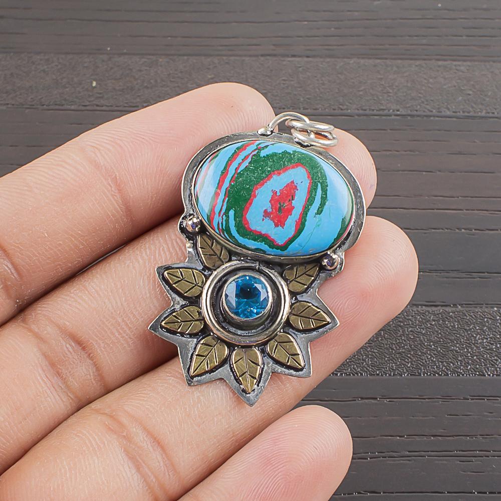 Natural Rainbow Calsilica Gemstone 925 Sterling Silver Jewelry  Pendant 1.63  AJP-2164