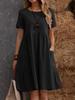 Summer European and American TEMU retro loose pocket solid color round neck women's cotton and linen dress