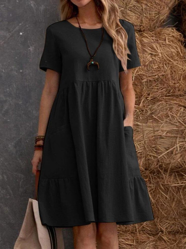 Summer European and American TEMU retro loose pocket solid color round neck women's cotton and linen dress