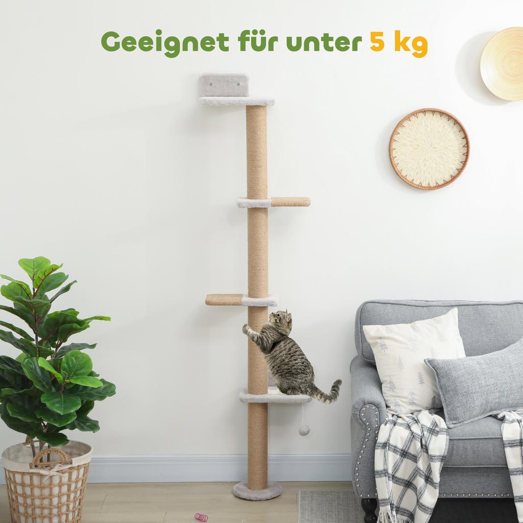 Wall Mounted Cat Shelves, Cat Climbing Wall with 4 Climbing Platforms, Jute Scratching Post and Toy Ball,180cm Tall, Light Grey