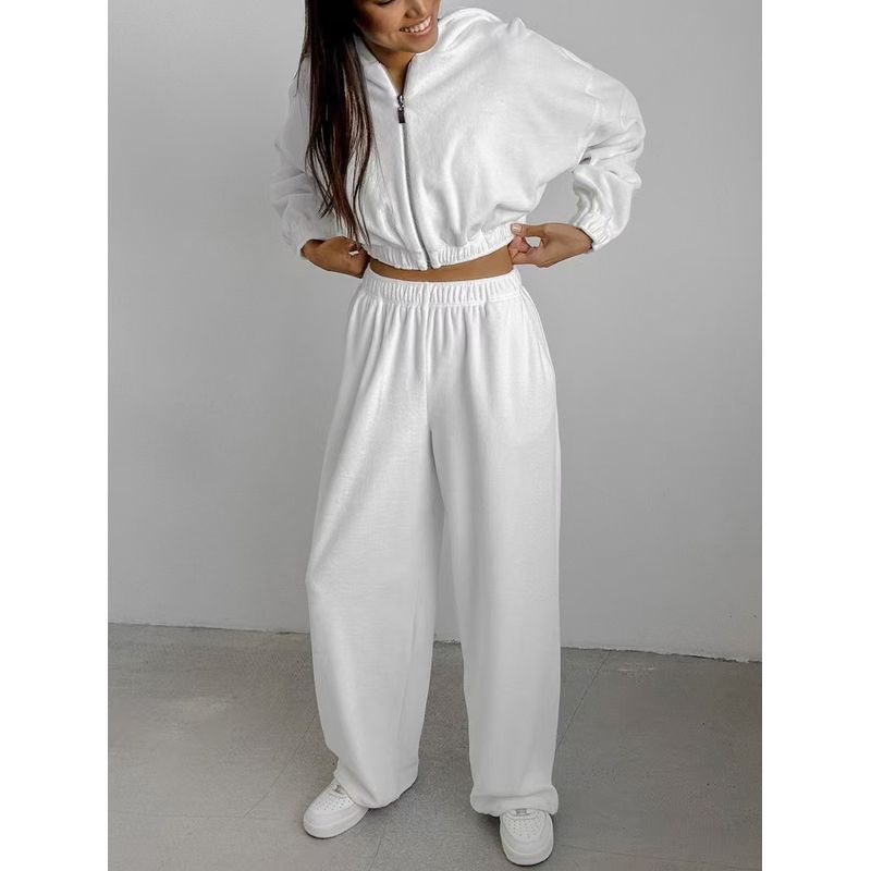 

Western Style Sports and Leisure Velvet Hood Long sleeve Trousers Two-piece Set Hooded Top and Pants Set White M