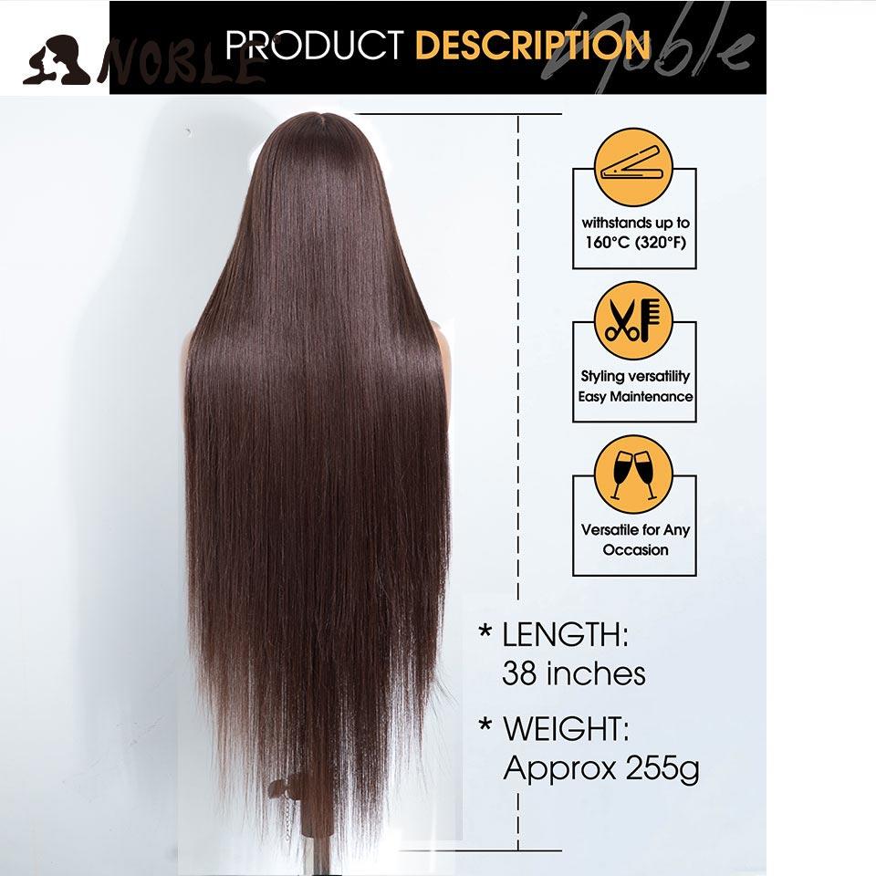 38 Inch Long Straight Synthetic Lace Front Wig Dark Brown Heat Resistant Lace Frontal Wig Natural Looking Glueless Wig For Women