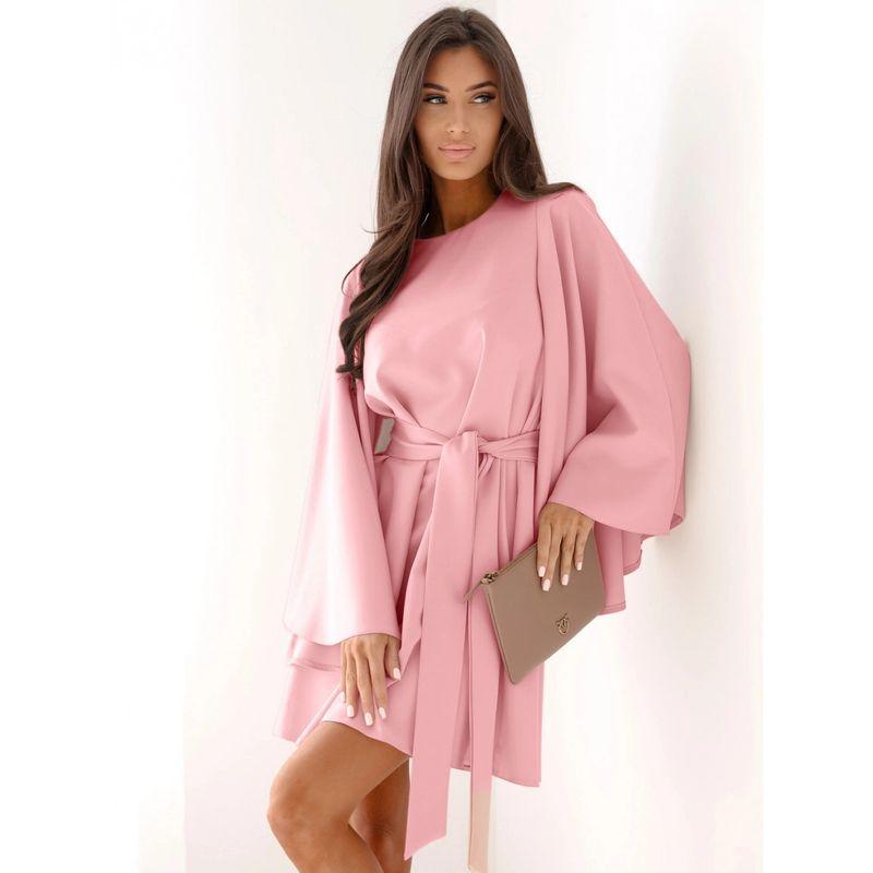 

European and American Fashion Solid round Neck Bell Sleeve Waist Dress Women Pink S