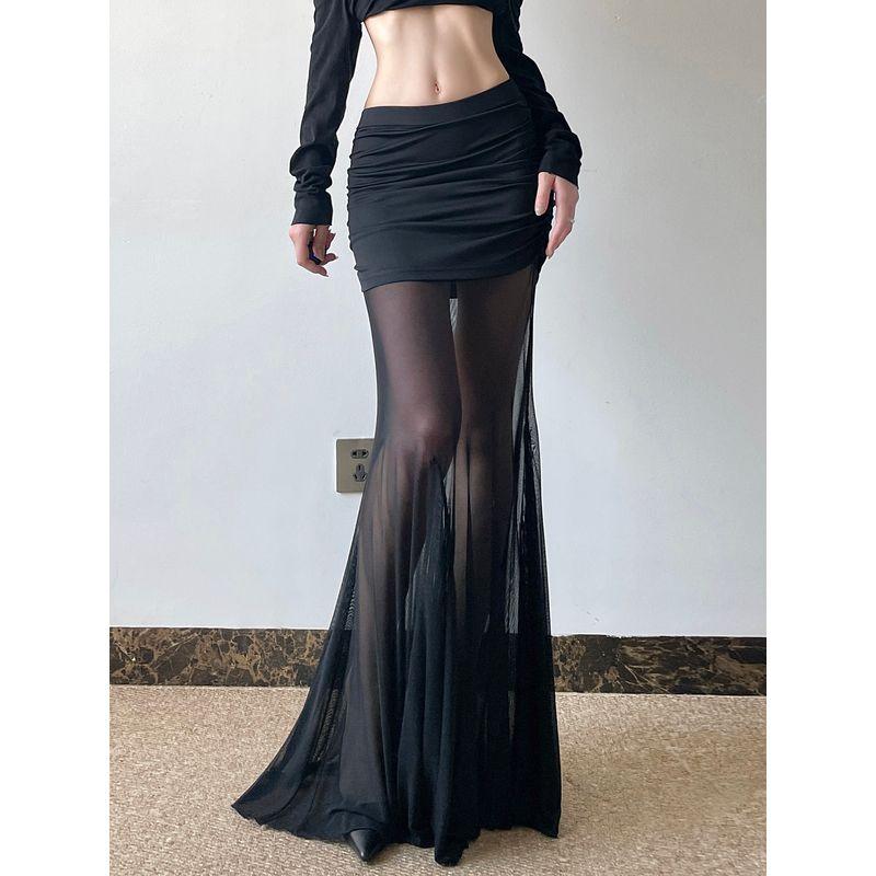 H Home European and American Women's Clothing Abstinence Series Black Mesh See-through Skirt Dark Sexy Ruffle Hip Mop Long Skirt