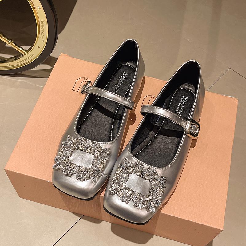 Fashion Women's Low Heel Shoes Spring New Square Head Shallow Mouth Rhinestone Metal Buckle Soft Sole Non-slip Low Top Shoes