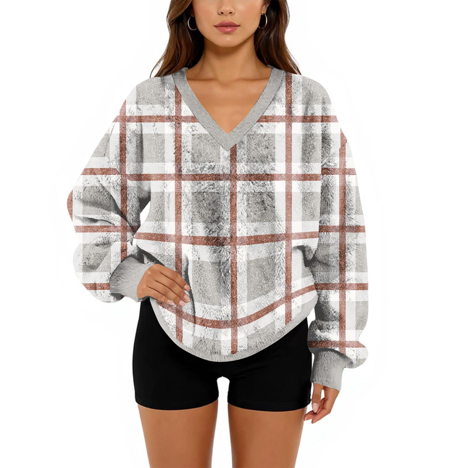 

Women s V-Neck Sweatshirt Plush Solid Color Casual Fashion Long Sleeve With Pocketed Pullover Top L