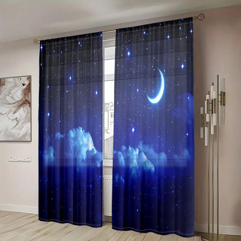 2 Pieces, Galaxy Moon Star Curtains - Rod Pocket Semi Transparent Curtains - Living Room, Bedroom, Kitchen, Home Decoration